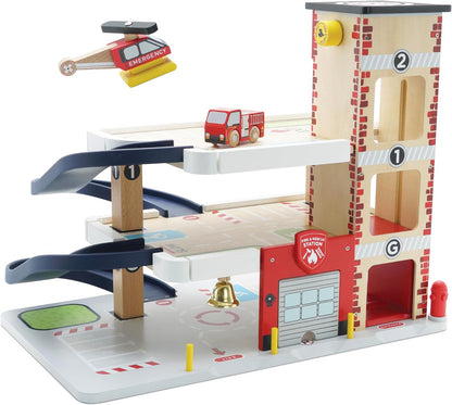 Le Toy Van TV453 Conjunto de carro de garagem de incêndio e resgate de madeira de 3 andares, brinquedos de dramatização de veículo, adequado para mais de 36 meses, universal
