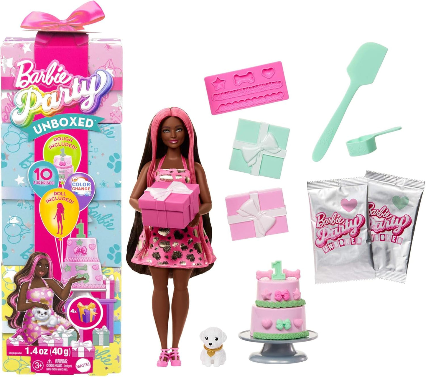Barbie Party Unboxed Boneca e Acessórios, Azul - Estrelas, Série de Aniversário de Animais de Estimação Estrelas, Corações, Laços, Conjunto com 10 Surpresas, Incluindo Mudança de Cor e Atividade de Decoração de Bolo