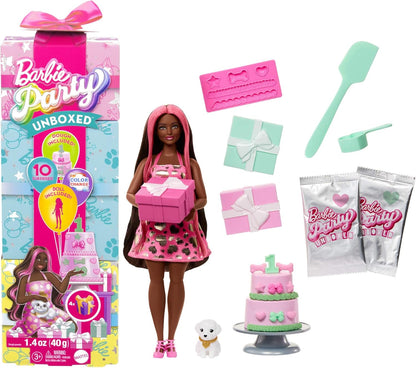 Barbie Party Unboxed Boneca e Acessórios, Azul - Estrelas, Série de Aniversário de Animais de Estimação Estrelas, Corações, Laços, Conjunto com 10 Surpresas, Incluindo Mudança de Cor e Atividade de Decoração de Bolo