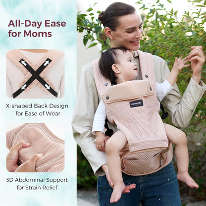 Momcozy Canguru com assento de quadril, 2 em 1 para carregar o bebê de frente para a rua, canguru destacável para uso com as mãos livres até 20 kg, canguru respirável para bebês com cintura de até 120 cm, AirMesh rosa