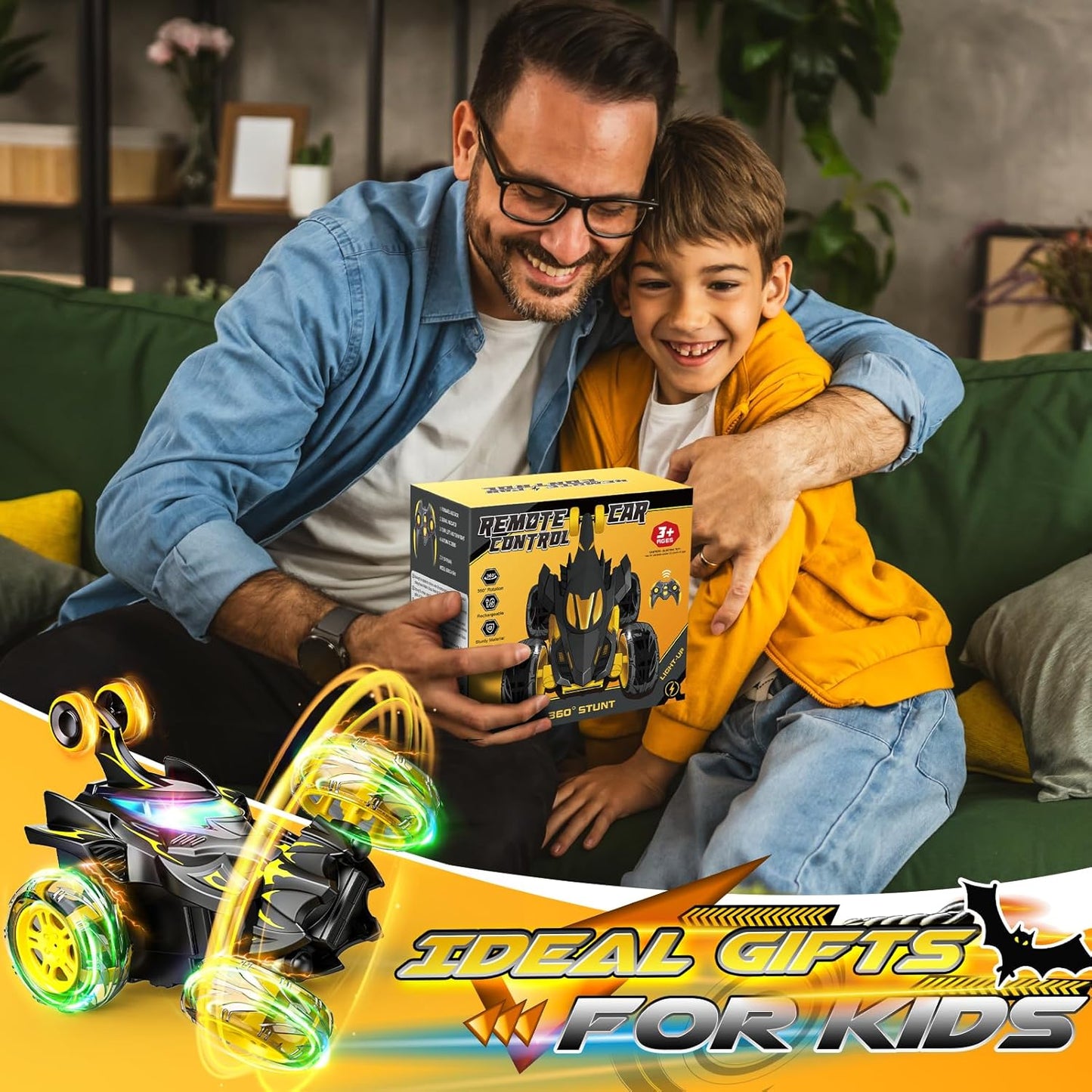 Braxel Carros de controle remoto com giro de 360°, BatToy Man, brinquedos infantis para meninos de 3 a 9 anos, carro de controle remoto com LED para meninos de 3 a 11 anos, presente antecipado.