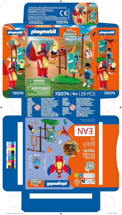 Playmobil | Animais e Amigos | Mascote do Zoológico | Homem fantasiado de papagaio com 3 aves tropicais | brinquedo infantil para crianças a partir de 4 anos | 72074