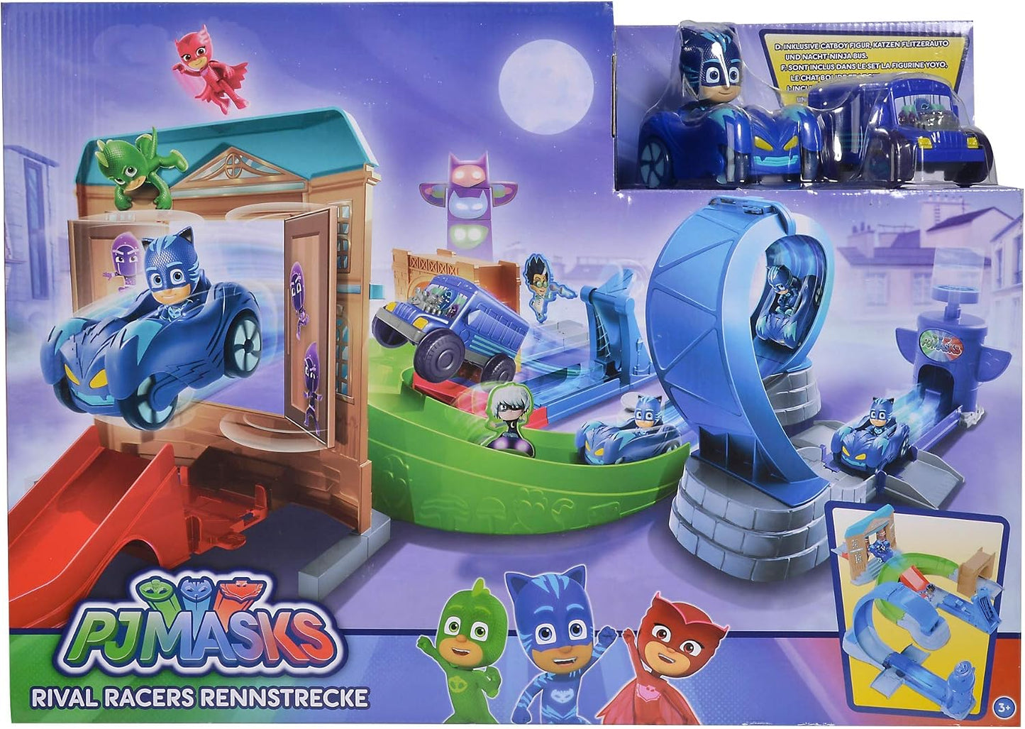 PJ Masks Pista de Corrida Rival Racers Simba 109402229 com Looping, incluindo Catboy e seu Cat-Carro, o Ônibus Ninja e 25 peças de pista.