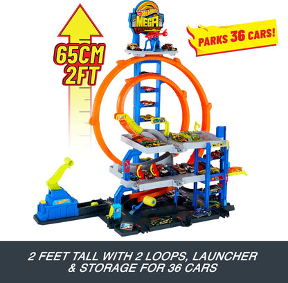 Conjunto de Pista de Carrinhos Hot Wheels com Carrinho e Helicóptero de Metal Fundido, 2 Loops, Espaço para 37 Veículos em Escala 1:64, Adaptadores Speed Snap, Garagem Mega Loop, JLC05