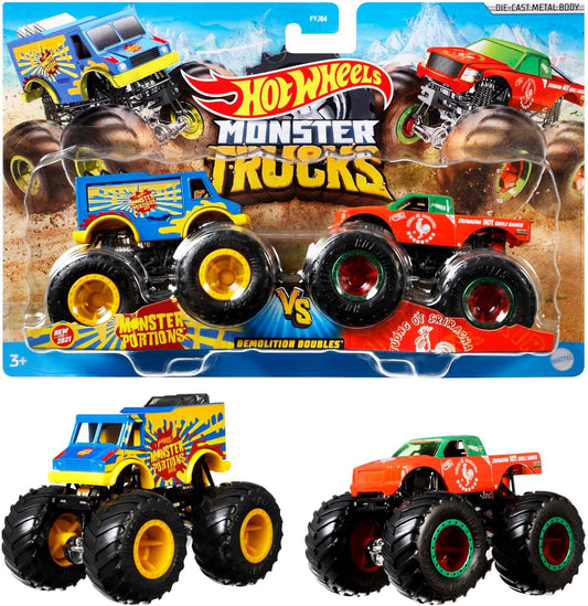 Hot Wheels Monster Trucks Demolition Doubles, Conjunto de 2 caminhões de brinquedo em escala 1:64, dois veículos de personagens Monster Truck com roda gigante, FYJ64