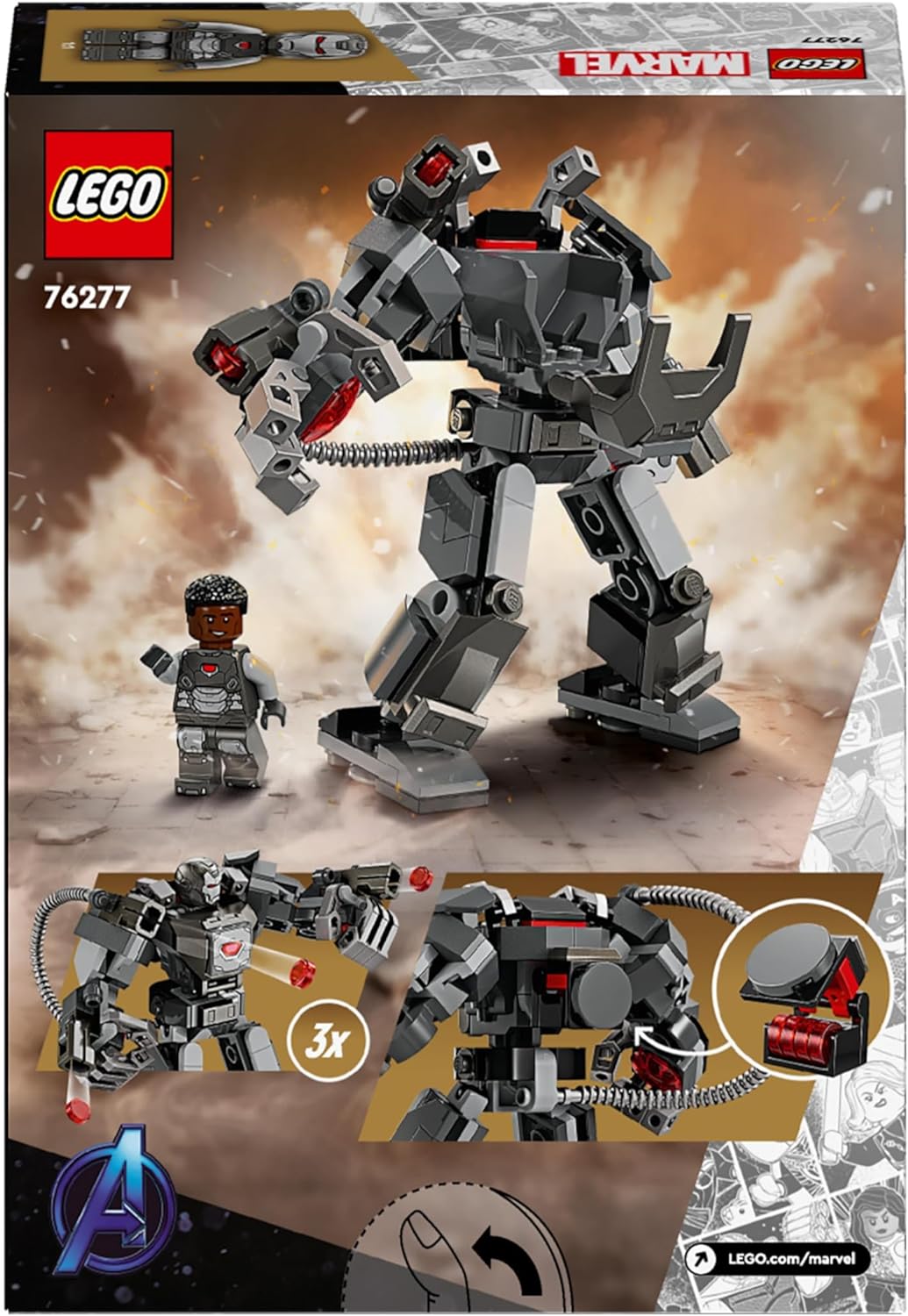 LEGO Armadura mecânica de máquina de guerra Marvel, figura de ação de brinquedo montável para crianças com 3 atiradores de pinos, personagem lendário do MCU, presentes para meninos e meninas com mais de 6 anos de idade 76277