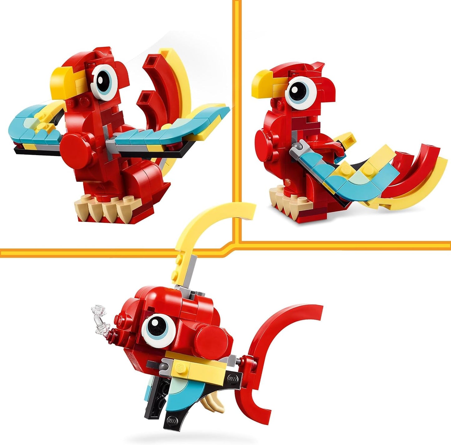 LEGO Criador 3 em 1 Brinquedo Dragão Vermelho para Figura de Peixe para Modelo de Pássaro Fênix, Conjunto de Figuras de Animais, Presentes para Meninos, Meninas e Crianças de 6 Anos ou mais 31145