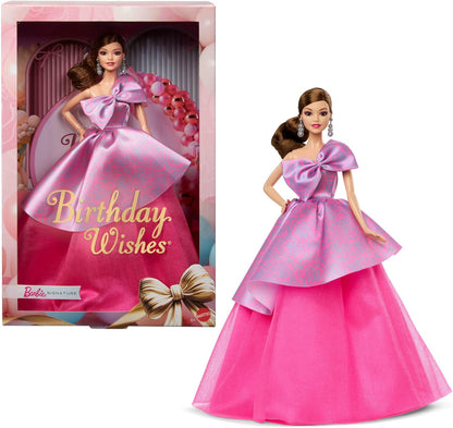 Barbie Boneca Signature Birthday Wishes, boneca colecionável da moda em vestido rosa acetinado com cabelo castanho ondulado e embalagem para presente, JBJ08