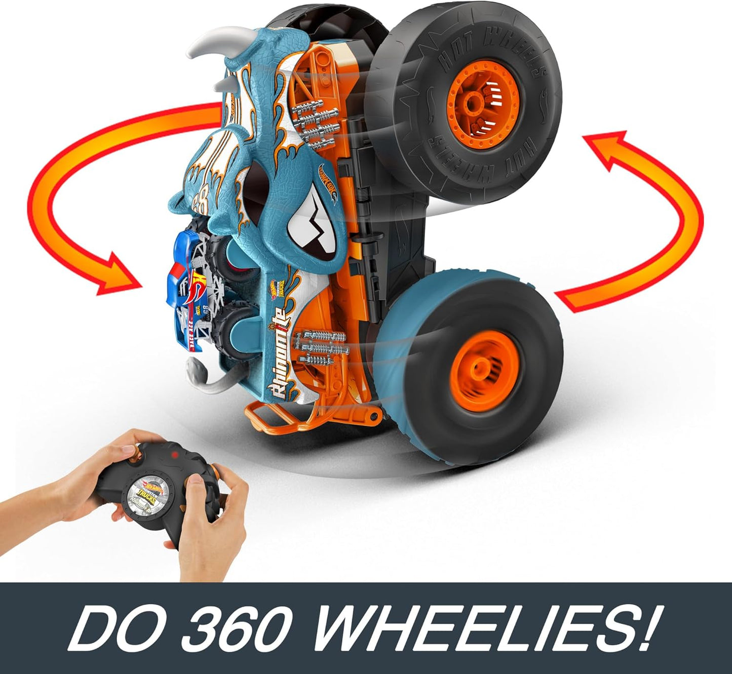 Hot Wheels Monster Trucks, Carro de Controle Remoto, HW Rhinomite Transformável em Escala 1:12 com Caminhão de Brinquedo Race Ace em Escala 1:64, Converte-se em Lançador, Conecta-se à Pista Laranja, HPK27