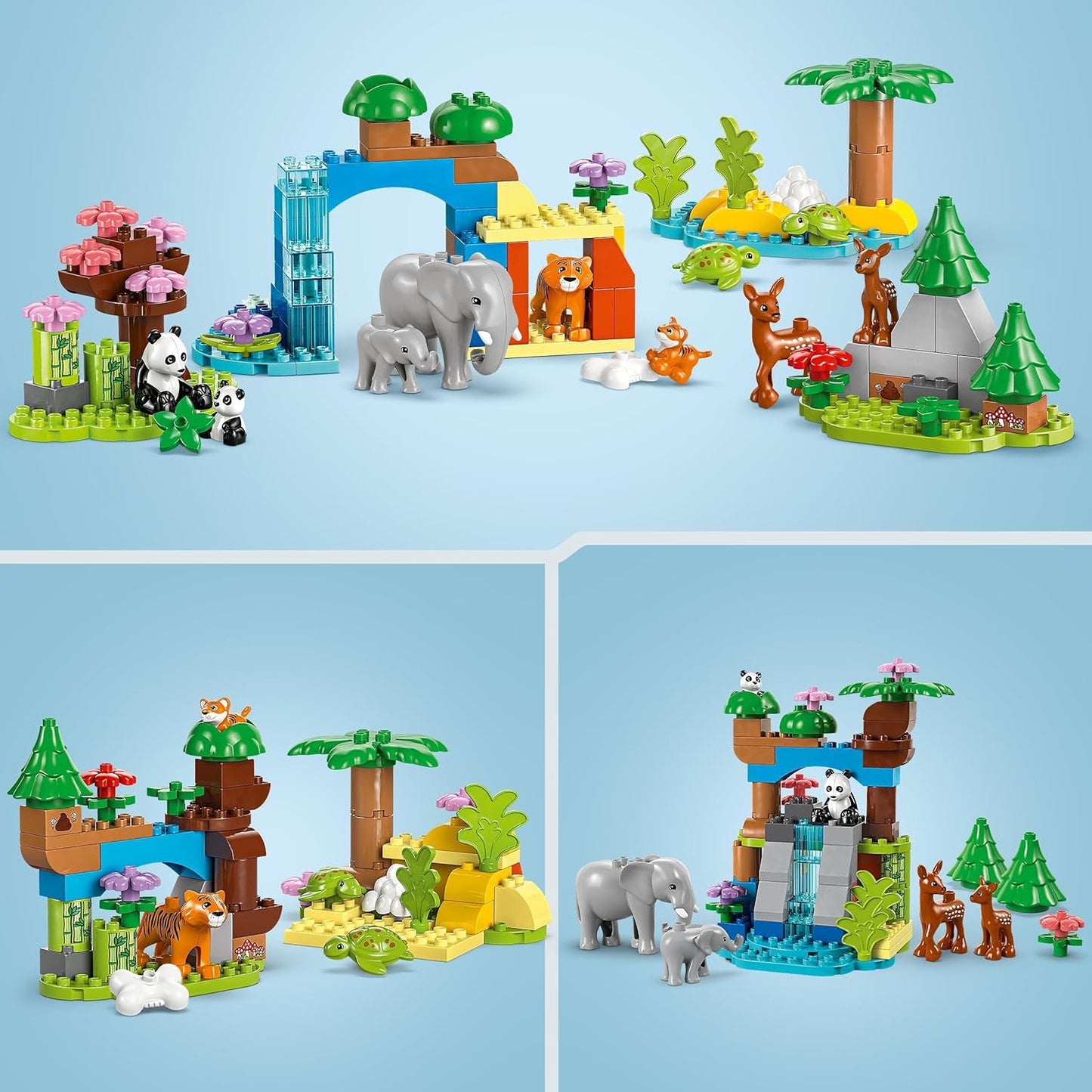 LEGO DUPLO Conjunto de famílias de animais selvagens 3 em 1, brinquedo de aprendizagem infantil Montessori com figuras de tartaruga, tigre, elefante, veado e panda para meninas e meninos de 2 anos ou mais