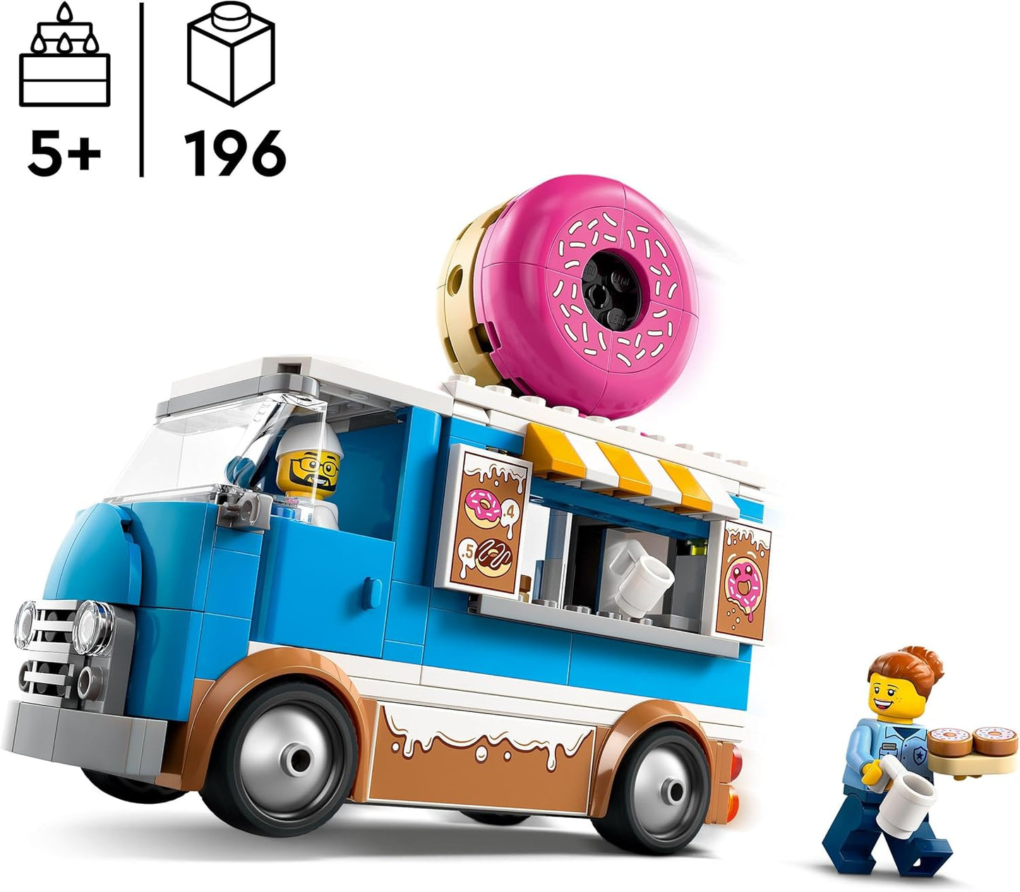 LEGO Brinquedo de caminhão Donut City com 2 minifiguras - Brinquedos de construção criativos para meninos e meninas com mais de 5 anos - Barraca móvel de comida com acessórios - Ideias divertidas de presentes para aniversários