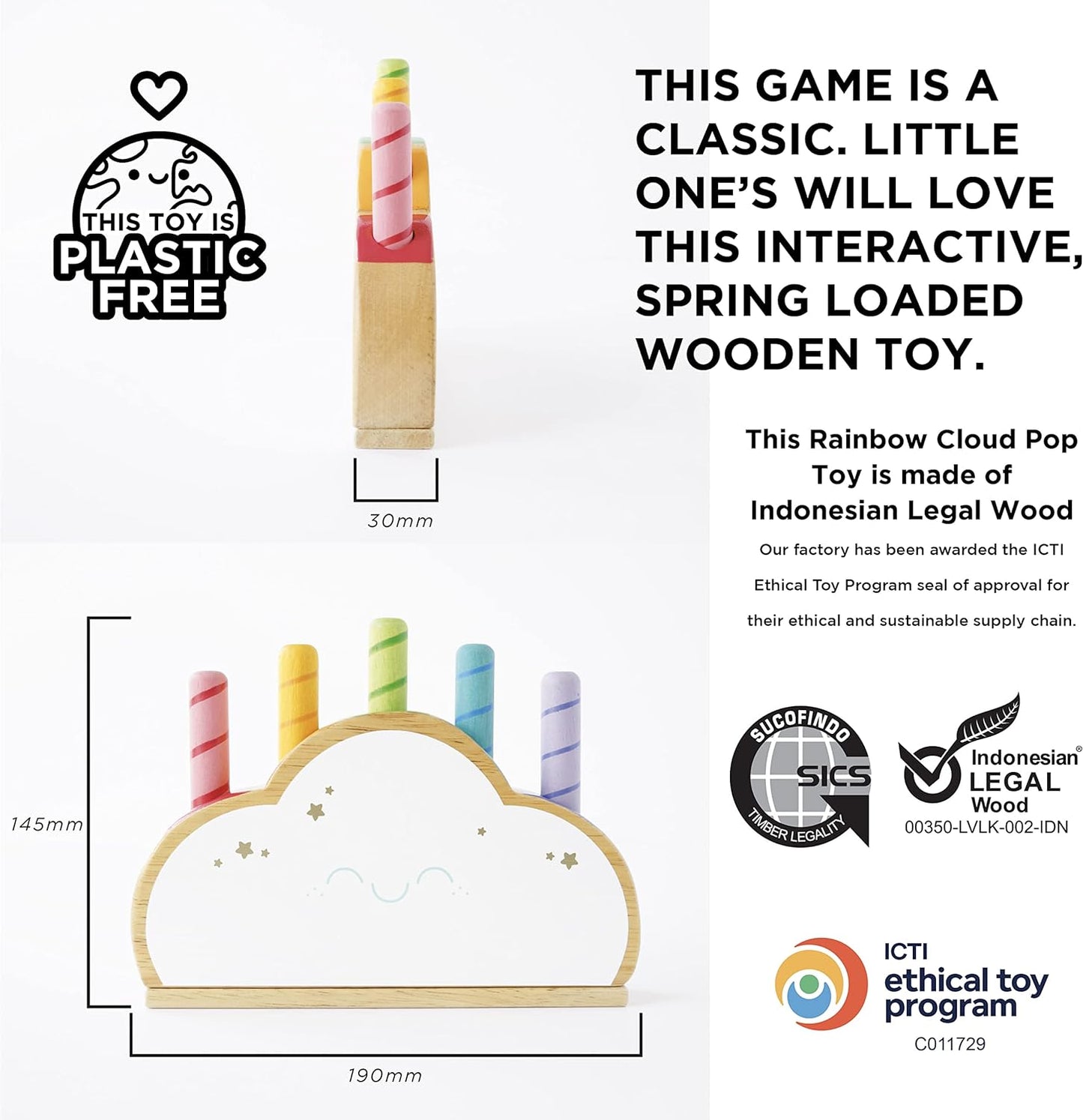 Le Toy Van Pl133 madeira educacional petilou arco-íris nuvem pop imprensa e liberação bebê sensorial montessori criança aprendizagem brinquedo-adequado para 18 + meses