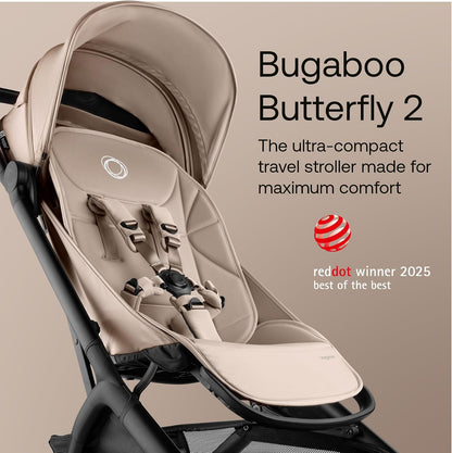 Bugaboo Carrinho de Bebê Butterfly 2 – Leve, Portátil e com Tamanho de Bagagem de Mão – Kit com Barra de Proteção – Dobragem com uma Mão, Assento Reclinável, Cesto de Armazenamento e Alça de Transporte – Desert Taupe