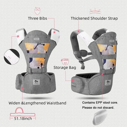 Bellababy Canguru para Bebê Multifuncional com Assento de Quadril (Posição Ergonômica em M) para Bebês de 3 a 36 Meses, 6 Formas de Carregar, Ideal para Todas as Estações, Tamanho Ajustável, Perfeito para Compras e Viagens, Cinza