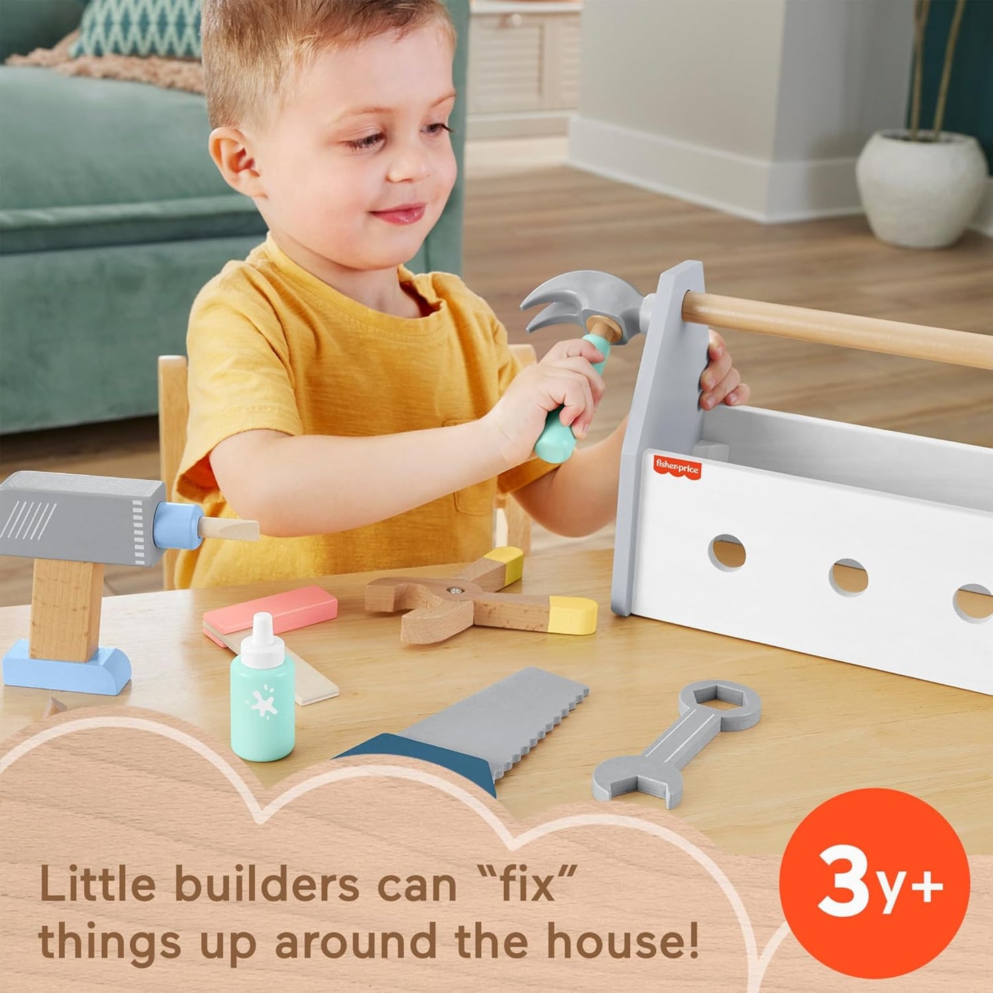 Fisher-Price Caixa de Ferramentas de Brinquedo de Madeira com Furadeira, Conjunto de 9 Peças para Brincar de Construção, Ideal para Crianças em Idade Pré-escolar a partir de 3 Anos, HYG50