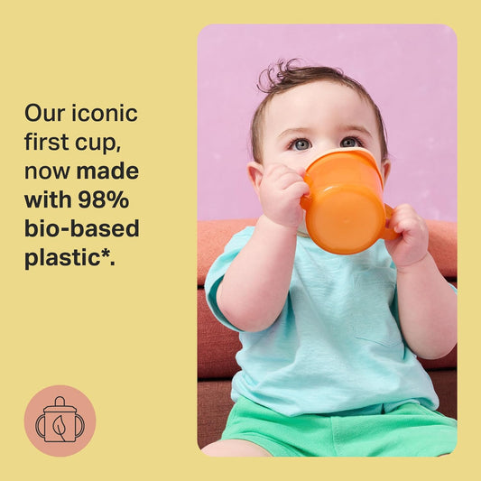 Tommee Tippee Copo de transição First Cup, 190ml, anti-vazamento para bebês a partir de 4 meses, com bico retrátil de fluxo livre e alças fáceis de segurar, laranja, azul e verde, pacote com 3 unidades.