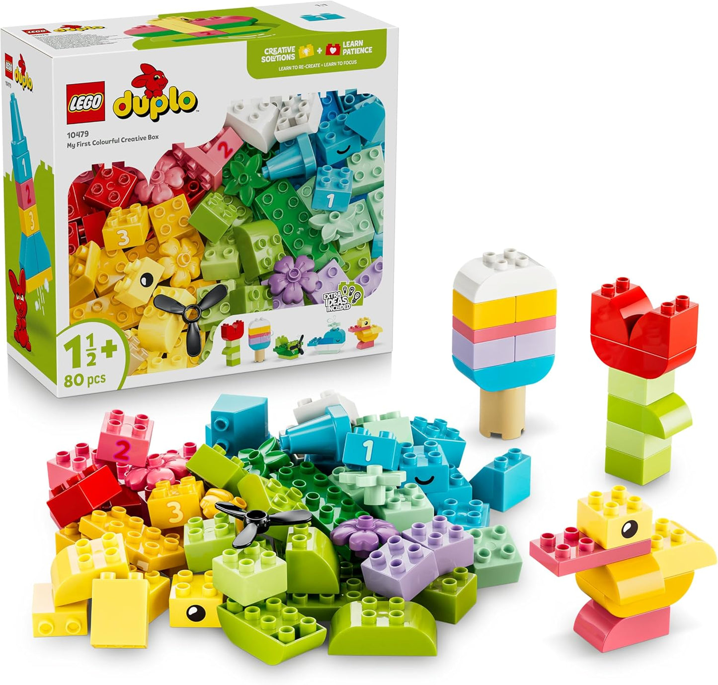 LEGO DUPLO Caixa Criativa Colorida - Brinquedo Educativo para Desenvolvimento da Coordenação Motora Fina em Crianças Pequenas - Inclui Peças com Números, Animais, Veículos e Comida de Brinquedo - Presente de Aniversário para Meninos e Meninas a partir