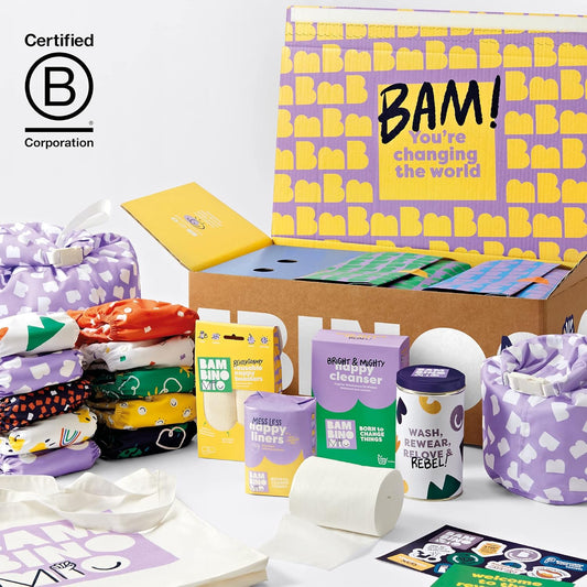 Bambino Mio, juego de pañales reutilizables: paquete Changemaker, 20 pañales, forros, refuerzos, bolsas húmedas y limpiador (Brave &amp; Bold)