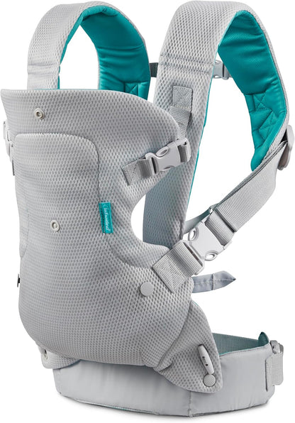 Infantino Canguru Flip 4 em 1 Leve e Arejado - Respirável, com Suporte Lombar, Cinto de Cintura Ajustável, Apoio de Cabeça, Assento Ergonômico e Alças Macias para Bebês de 3,6 a 14,5 kg