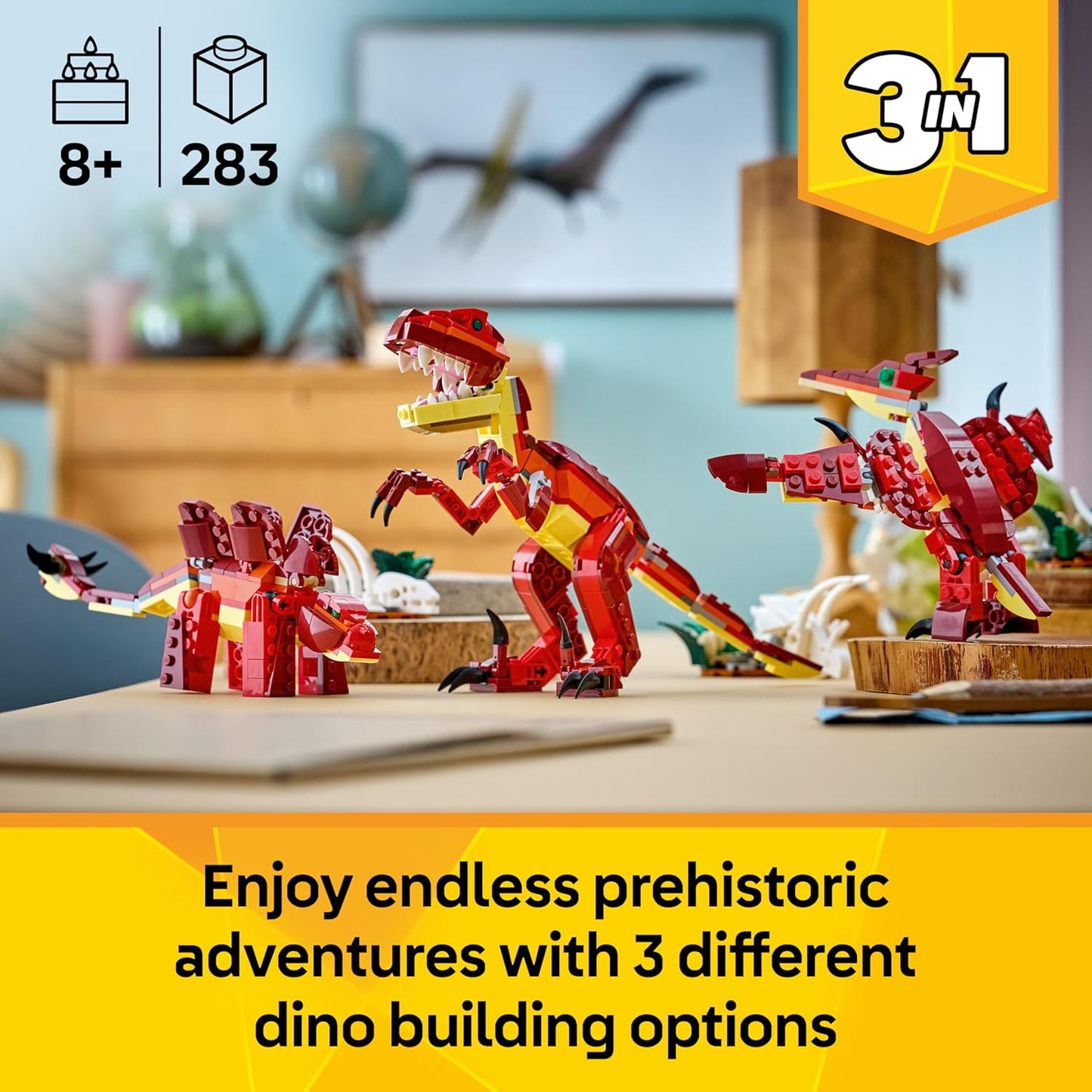 LEGO Creator 3 em 1 Dinossauro Feroz - Monte figuras de Velociraptor, Estegossauro ou Pterossauro com esqueleto e dentes afiados - Ótima ideia de presente de aniversário para meninos e meninas a partir de 8 anos - 31379