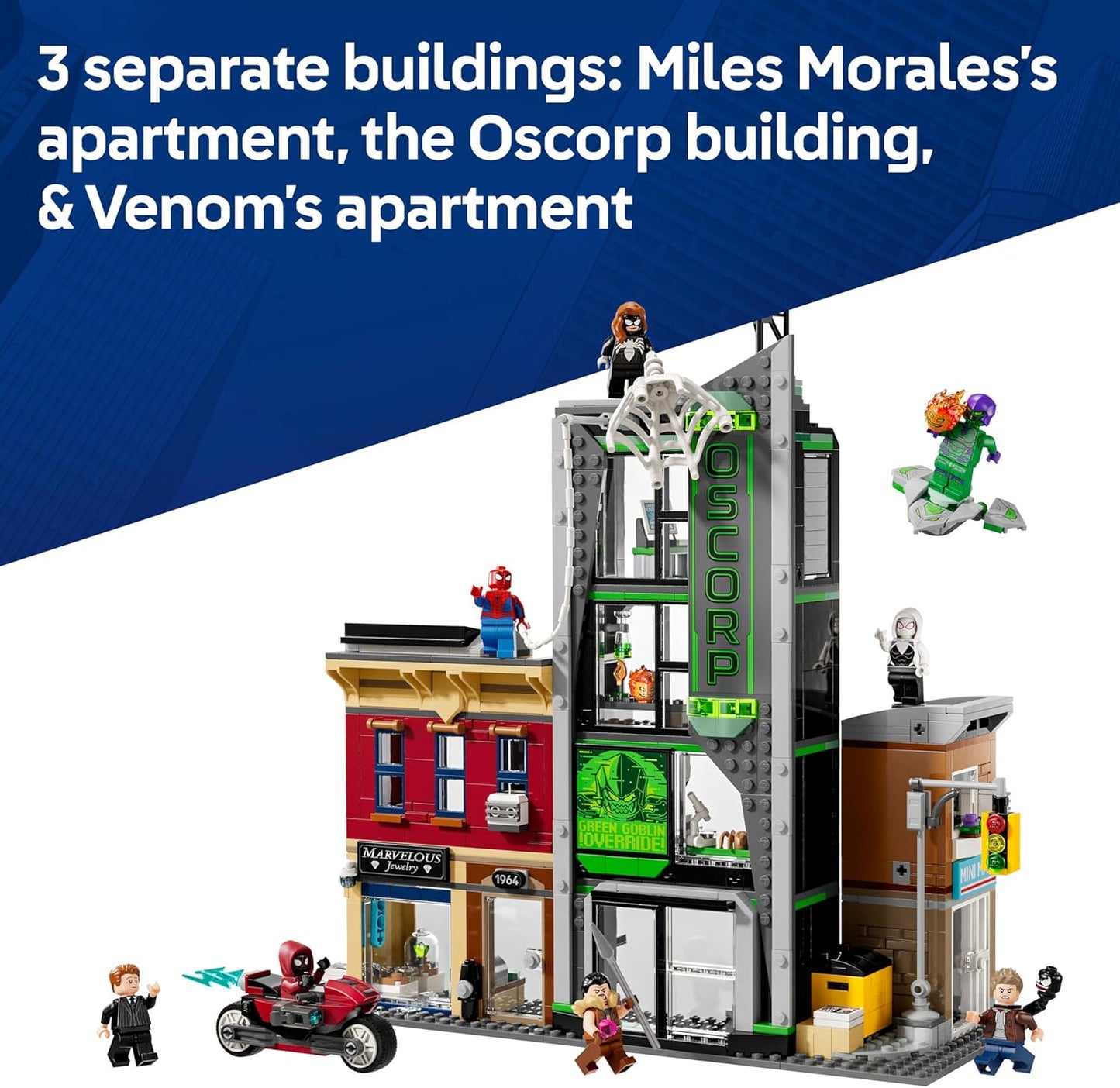 LEGO ǀ Marvel Homem-Aranha vs. Oscorp - Brinquedo interativo com uma moto, 8 minifiguras incluindo Miles Morales e Duende Verde - Presente colecionável de super-herói para meninos e fãs a partir de 10 anos - 76324