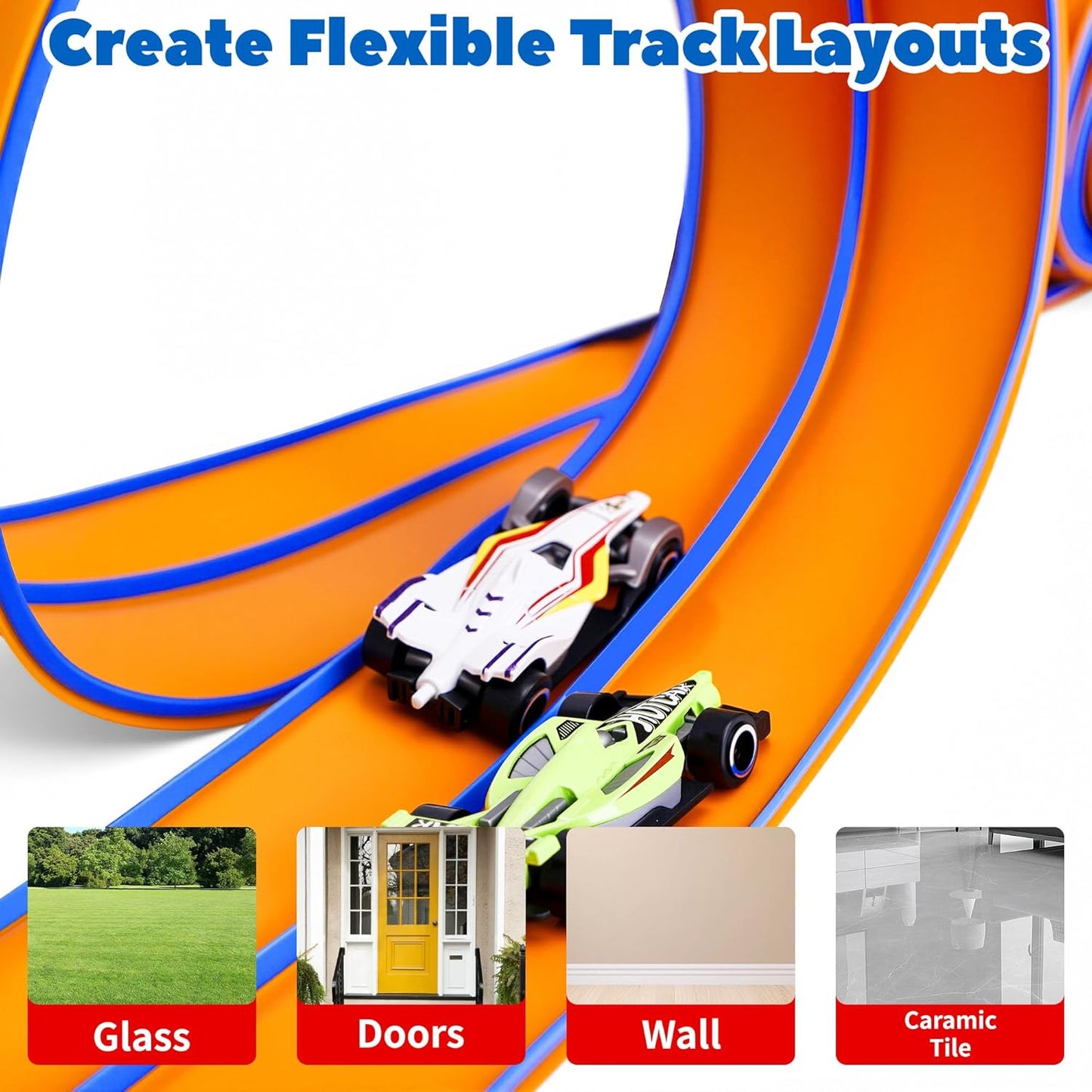 Pista de corrida flexível de 4,5 m para crianças, pista dupla face, compatível com carros de metal fundido na escala 1:64, brinquedo portátil de pista enrolável para meninos de 3 a 8 anos (laranja e azul)