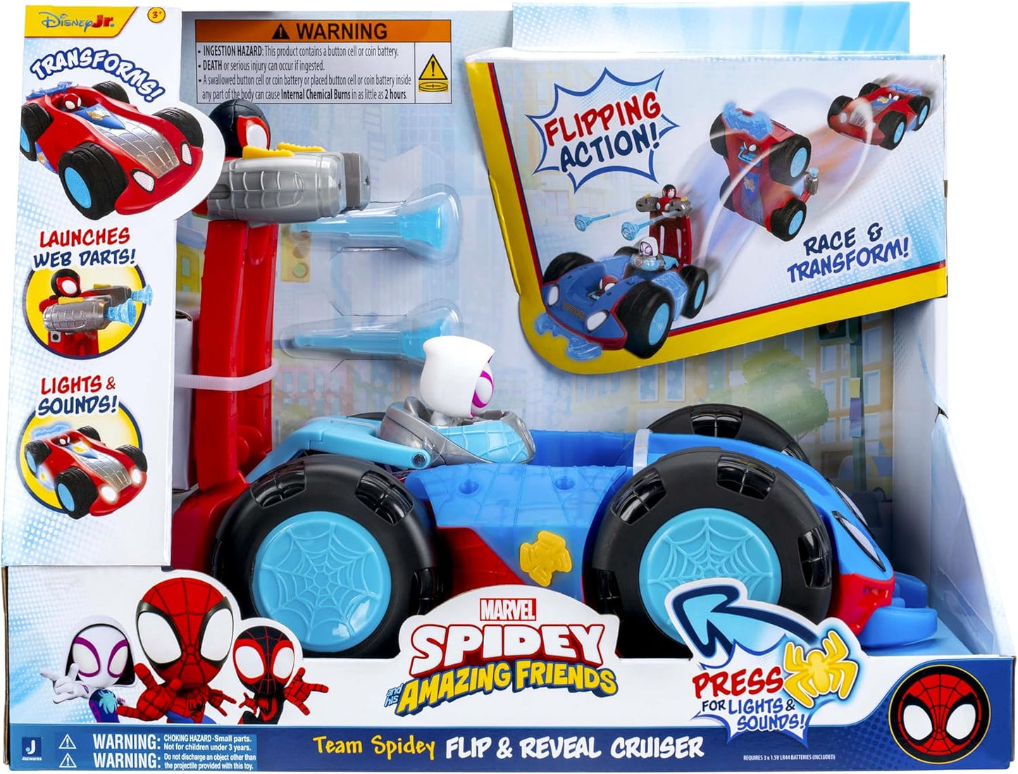 Marvel Homem-Aranha e Seus Incríveis Amigos - Veículo de Dupla Face da Equipe Homem-Aranha com Luzes, Sons e Lançadores de Teia - 28 cm