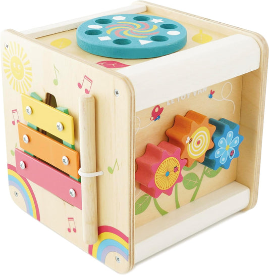 Le Toy Van - Petilou Cubo educativo de actividades multisensorial de madera con rueda giratoria | Adecuado para niño o niña a partir de 1 año.