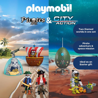 Playmobil Conjunto Play Egg Piratas e Espaço | 2 Ovos Surpresa com Bonecos e Acessórios | Mini Mundo para Montar | Reutilizável como Cofre | Presente de Páscoa para Crianças a partir de 4 Anos | 210447