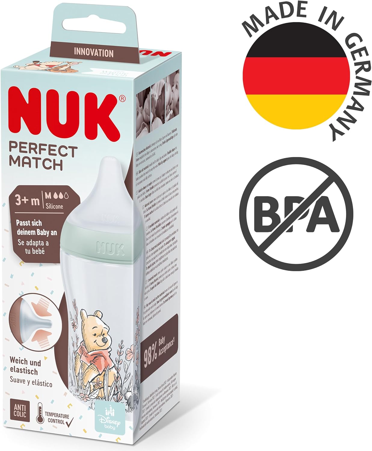 NUK Combinação perfeita mamadeira | Mais de 3 meses | Adapta-se ao Paladar do Bebê | Controle de temperatura | Ventilador anti-cólica | 260ml | Sem BPA | Tetina de silicone média | Disney Ursinho Pooh