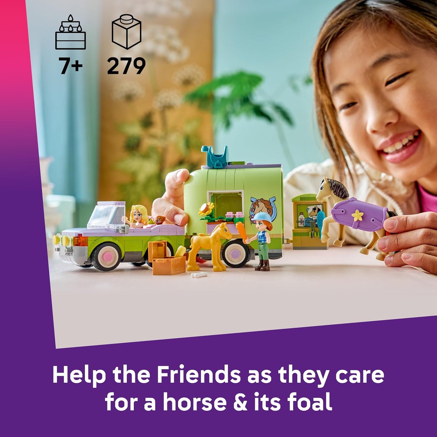 LEGO Friends Reboque para Cavalo e Potro - Conjunto de Brinquedo com Acessórios de Higiene, 4 Figuras de Animais, Carro e 2 Mini Bonecas - Ideia de Presente de Aniversário para Meninas a partir de 7 Anos - 42695