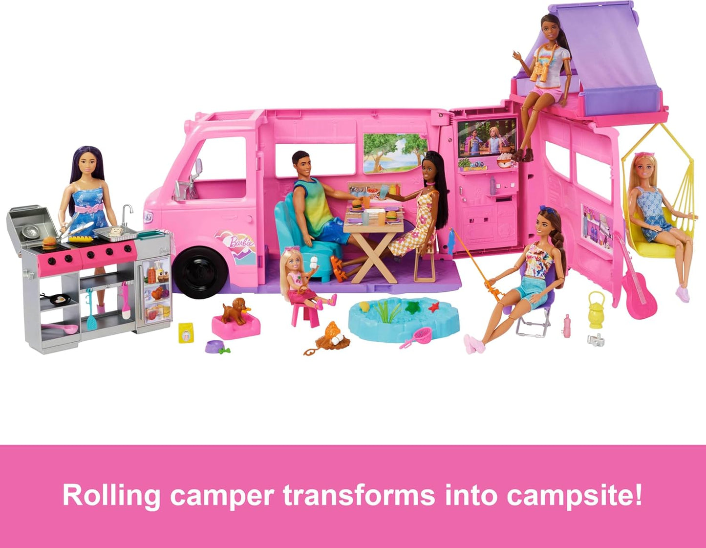 Barbie Conjunto de brinquedos Dream Camper com barraca de teto, cadeira de balanço, lago para pescar, churrasqueira com função de mudança de cor e mais de 60 acessórios, incluindo massinha de modelar, HRJ78