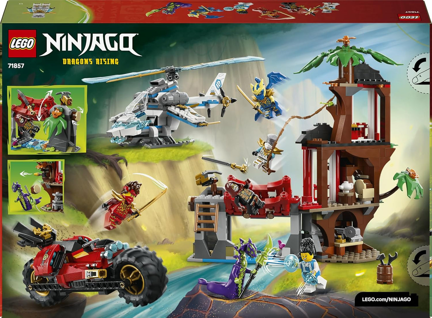LEGO NINJAGO Batalha na Casa da Árvore com Veículos Ninja - Brinquedo de Ação com Moto, Helicóptero, 6 Minifiguras e Espadas - Presente para Meninos e Fãs a partir de 7 Anos - 71857