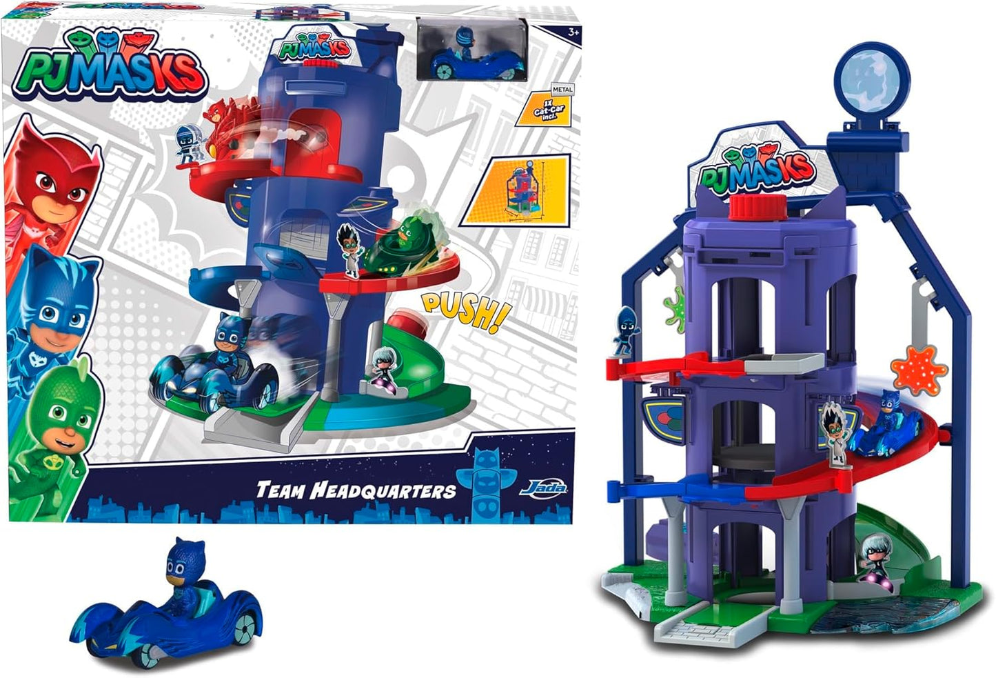 Conjunto de brinquedos Quartel-General dos PJ Masks da Dickie Toys, incluindo Catboy em seu Catcar, diversas funções, estação de atividades dos Heróis de Pijama, para crianças a partir de 3 anos.