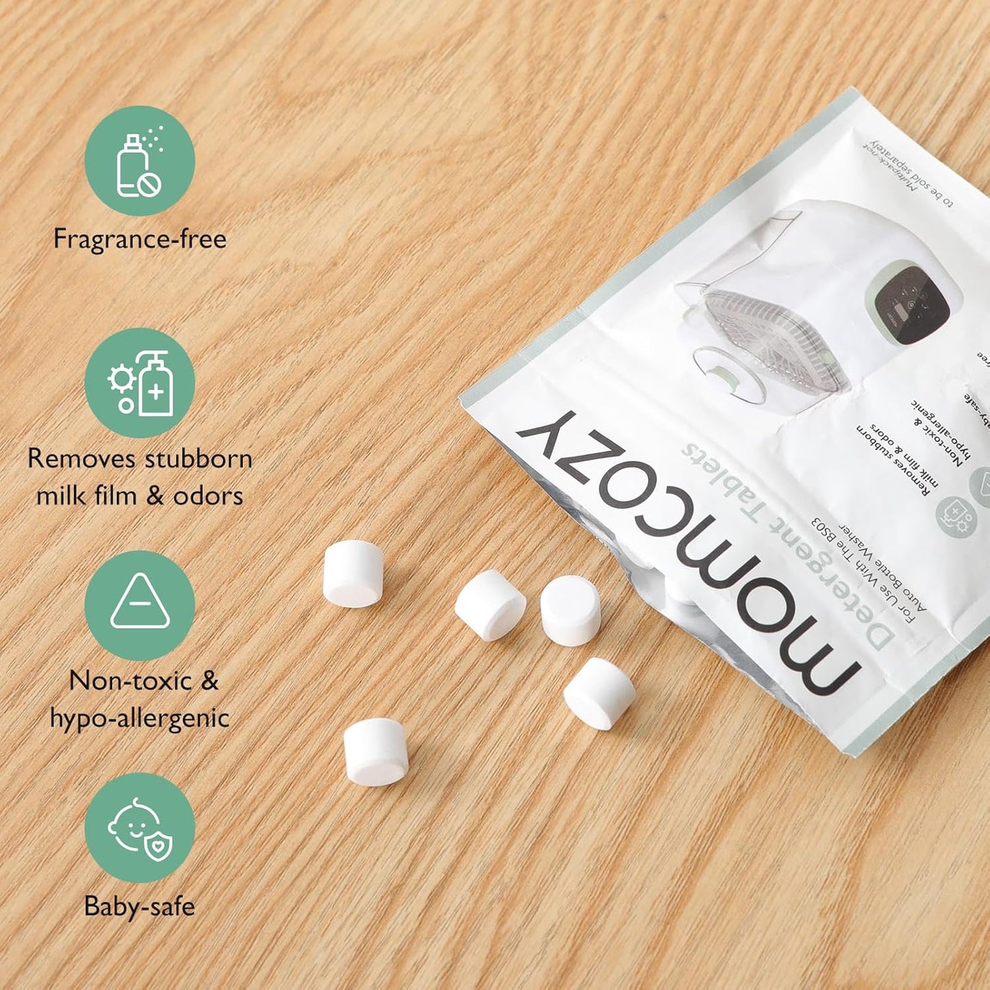 Momcozy Bloco de Lavagem Oficial para Lavadora de Mamadeiras KleanPal Pro, 120 Pastilhas de Detergente para Limpeza de Mamadeiras, Peças de Bombas de Leite Materno e Acessórios de Alimentação. Não Precisa Enxaguar,