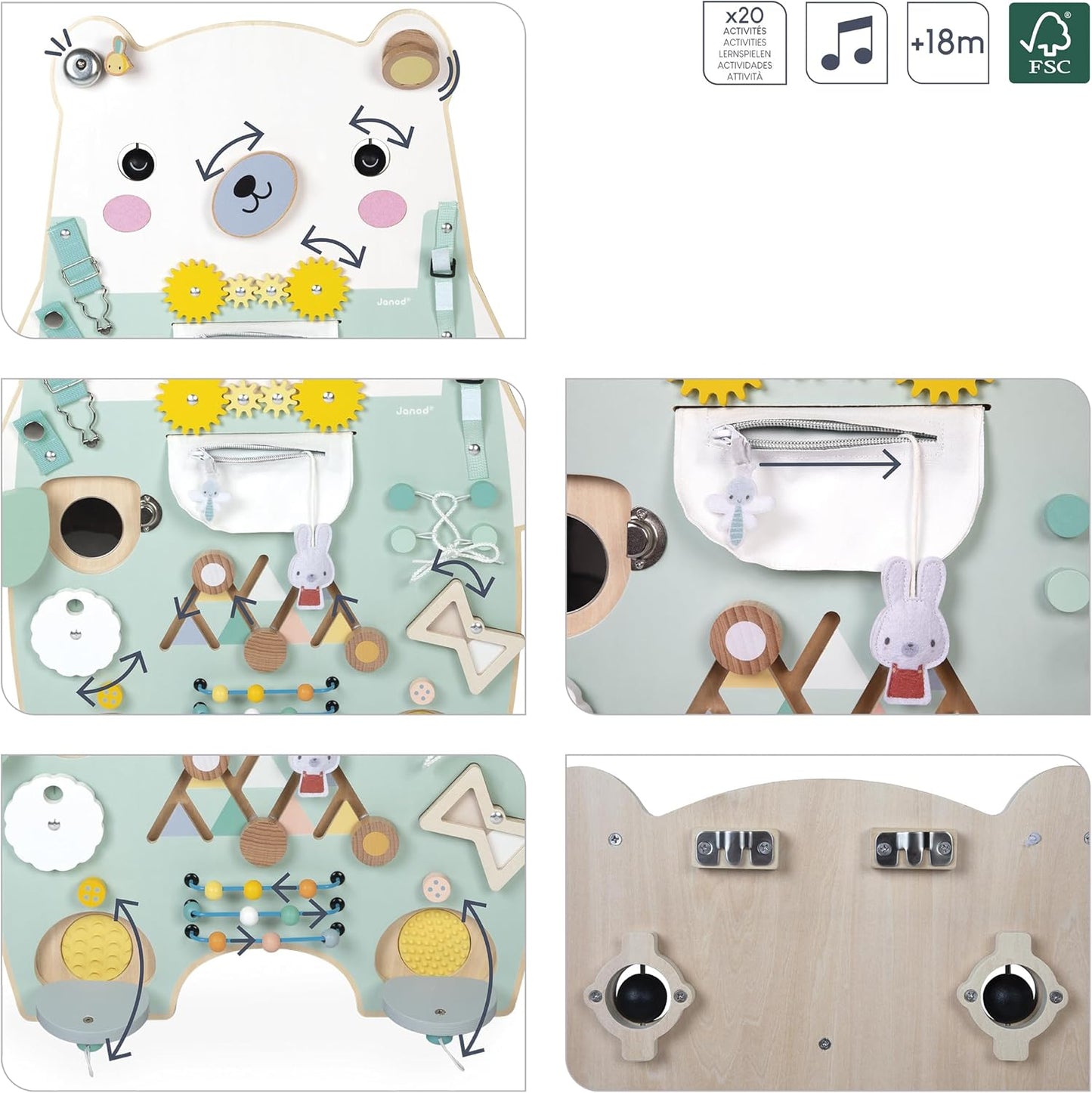 Janod - Busy Board Ourson - 20 atividades - Grande quadro de atividades de madeira - Ideal para desenvolvimento motor fino, curiosidade e destreza - Altura 60 cm - A partir de 18 meses, J05162