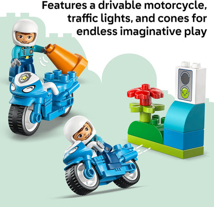 LEGO DUPLO Motocicleta Policial Azul - Brinquedo Educativo para Desenvolvimento da Coordenação Motora de Crianças Pequenas - Inclui Motocicleta, Figura de Policial e Semáforos - Presente de Aniversário para Meninos e Meninas a partir de 2 Anos - 10471