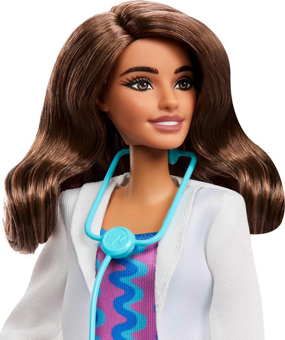 Barbie Profissões Médicas - Boneca Fashion com Roupa Removível: Jaleco Branco, Vestido e Sapatos, Além de Estetoscópio como Acessório, JKF76