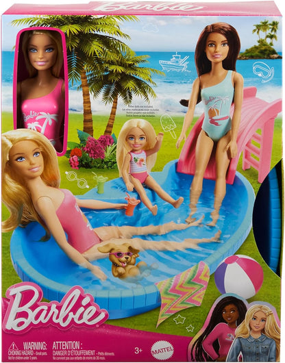 Barbie Boneca e conjunto de piscina, loira em maiô rosa tropical de uma peça com piscina, escorregador, toalha e acessórios para bebidas, HRJ74