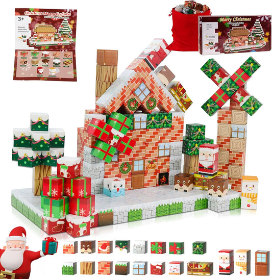 Uuoeebb 100 peças de blocos de construção magnéticos - Construa o meu mundo com telhas magnéticas de neve de Natal, cubos de construção magnéticos para crianças 3+