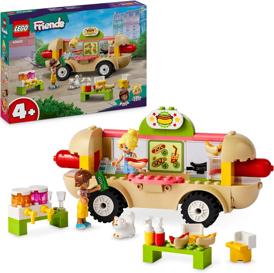 LEGO Brinquedo de caminhão de comida de cachorro-quente Friends para meninas, meninos e crianças de 4 anos ou mais, conjunto de veículos com personagens de miniboneca, figura de gato e acessórios de cozinha, brincadeira de fingir