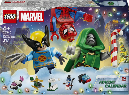 LEGO Calendário do Advento Marvel 2026-76340 | Brinquedos para meninos a partir de 6 anos, 24 surpresas de super-heróis, avião e carro, 6 minifiguras, ideia de presente de Natal, 317 peças
