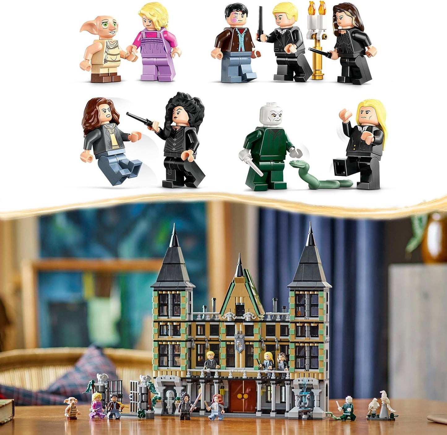 LEGO Conjunto Harry Potter Malfoy Manor, brinquedo de construção colecionável para crianças, apresenta minifiguras de 9 personagens, incluindo Dobby, presente criativo do mundo mágico
