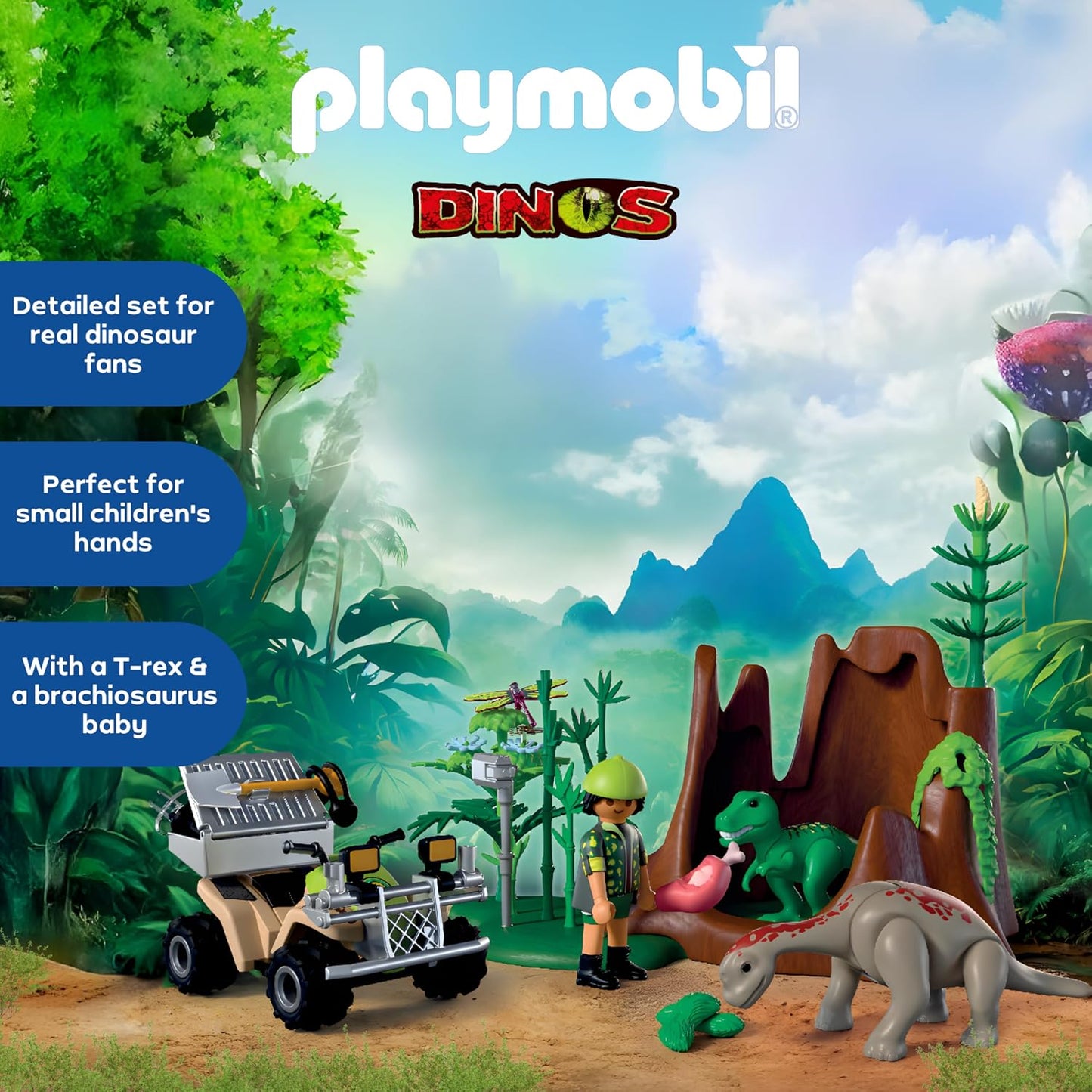 Playmobil Dinos – Esconderijo dos Dinossauros, Explorador com Quadriciclo, Filhote de T-Rex e Filhote de Braquiossauro, Brinquedo para crianças a partir de 4 anos, 72069