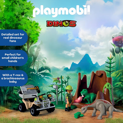 Playmobil Dinos – Esconderijo dos Dinossauros, Explorador com Quadriciclo, Filhote de T-Rex e Filhote de Braquiossauro, Brinquedo para crianças a partir de 4 anos, 72069