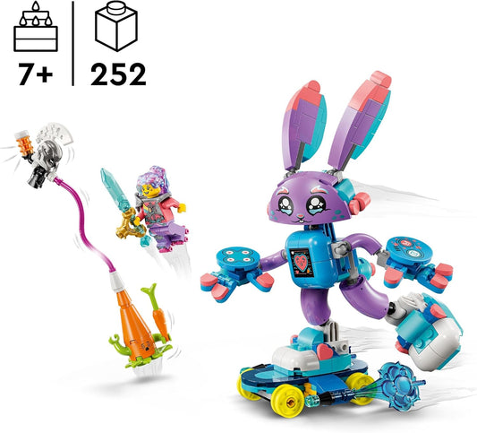 LEGO DREAMZzz 2 em 1 Izzie e Bunchurro, a figura do coelhinho do jogo, brinquedo de animal de fantasia para meninos e meninas de 7 anos ou mais, com skate e minifigura para brincadeiras imaginativas, presente de aniversário