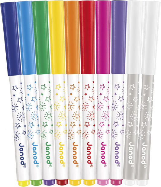 Janod - Conjunto de colorir mágico para crianças com tinta que muda de cor - 8 canetas + 2 canetas mágicas - Conjunto de 10 canetas com tinta lavável - Colorir para crianças - A partir de 3 anos - J07413