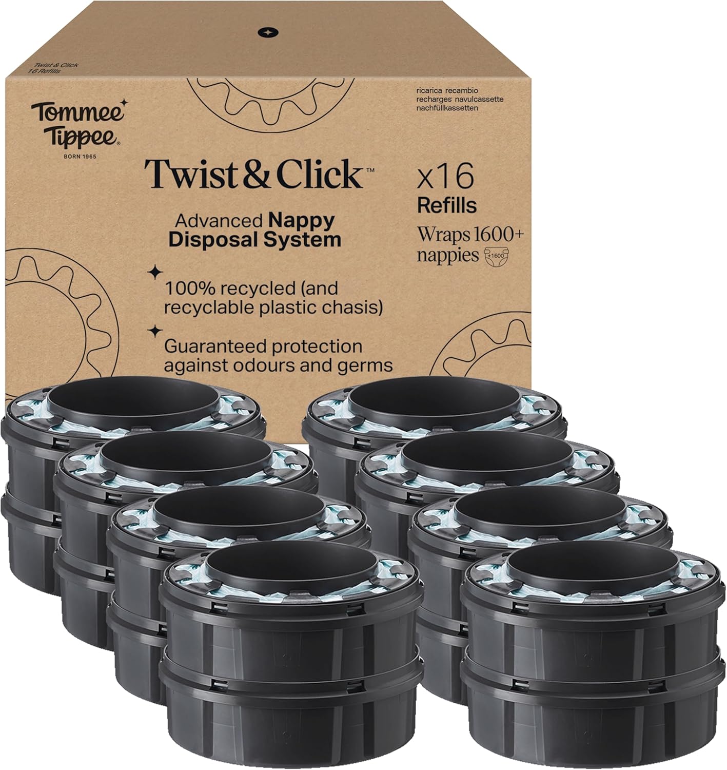 Tommee Tippee Twist and Click Advanced Nappy Bin Cassetes de recarga originais, recarga fácil e ótimo valor - Kit com 16