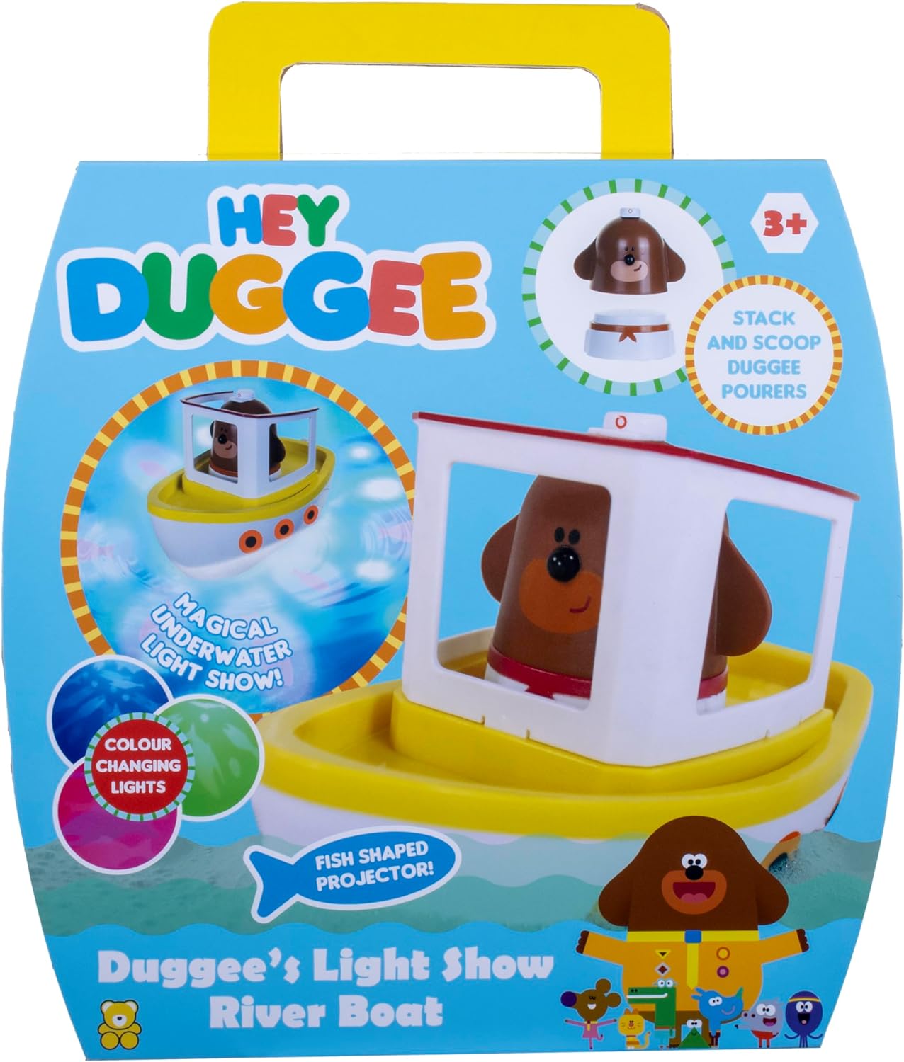 Hey Duggee Lightshow River Boat Underwater Light Show Barco de brinquedo para banho, carros alegóricos, projetos de luzes debaixo d'água, Squirrel Club, CBeebies, idade 3 anos mais