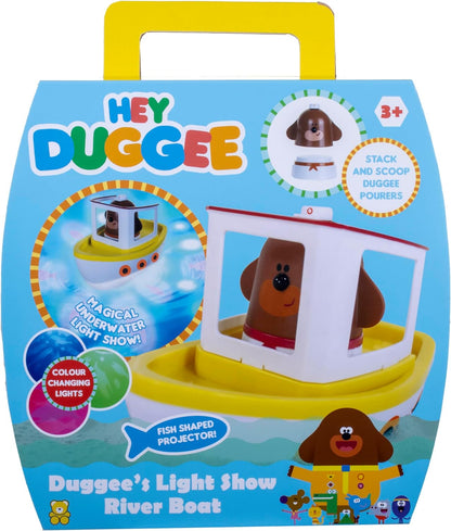 Hey Duggee Lightshow River Boat Underwater Light Show Barco de brinquedo para banho, carros alegóricos, projetos de luzes debaixo d'água, Squirrel Club, CBeebies, idade 3 anos mais